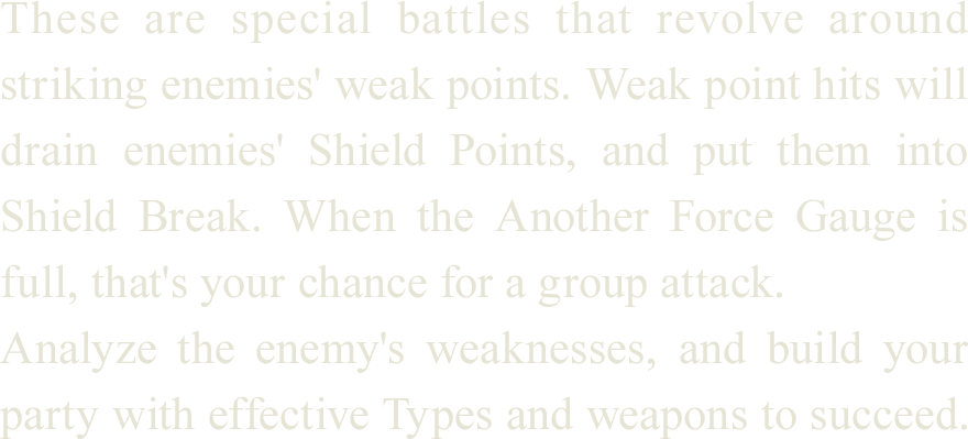 
These are special battles that revolve around striking enemies' weak points. Weak point hits will drain enemies' Shield Points, and put them into Shield Break. When the Another Force Gauge is full, that's your chance for a group attack.
Analyze the enemy's weaknesses, and build your party with effective Types and weapons to succeed.
